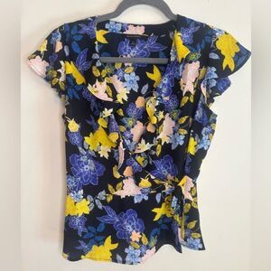 Banana republic EUC black/blue yellow floral wrap style short sleeve top Size XS